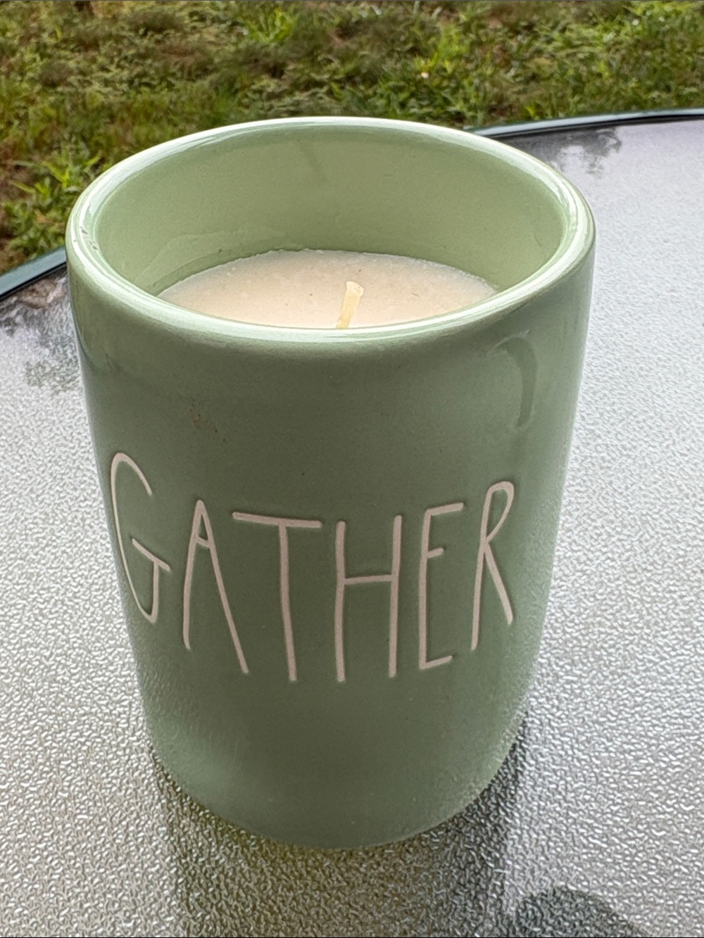 Rae Dunn Farmhouse Cider Green Ceramic Candle Jar with GATHER Script